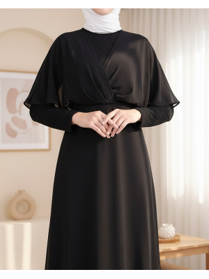 Simli Şifon Uzun Abiye -Siyah