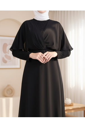 Simli Şifon Uzun Abiye -Siyah