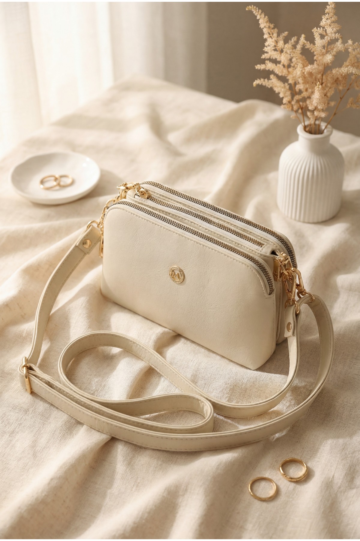 Three-Compartment Center Shoulder Crossbody Bag - Beige