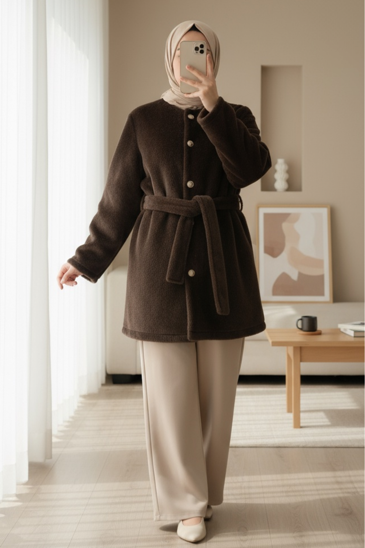 Buttoned Waist Tied Fur Jacket   - Soil