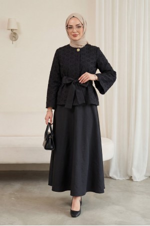Tek Düğmeli Kemerli Kloş Etekli Nilsa Takım -Siyah