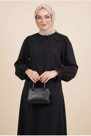 Bebe Yaka Fistolu Kolu Lastikli Bluz-Kloş Etek Takım -Siyah