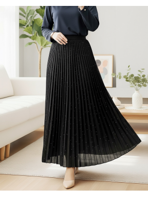 Taşlı Pliseli Etek -Siyah