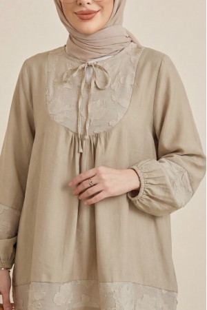 Modal Tunic with Tie Neckline and Elasticated Sleeves -Light Mink
