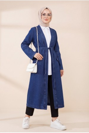 Cep Detaylı Kuşaklı Kot Kap -İndigo