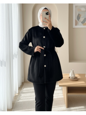 Buttoned Waist Tied Fur Jacket -Black