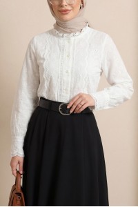Brode İşlemeli Vintage Gömlek Bluz  -Beyaz