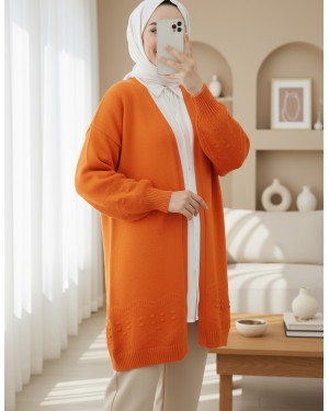 Kolu ve Eteği Ponponlu Triko Hırka  -Turuncu