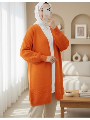 Kolu ve Eteği Ponponlu Triko Hırka  -Turuncu