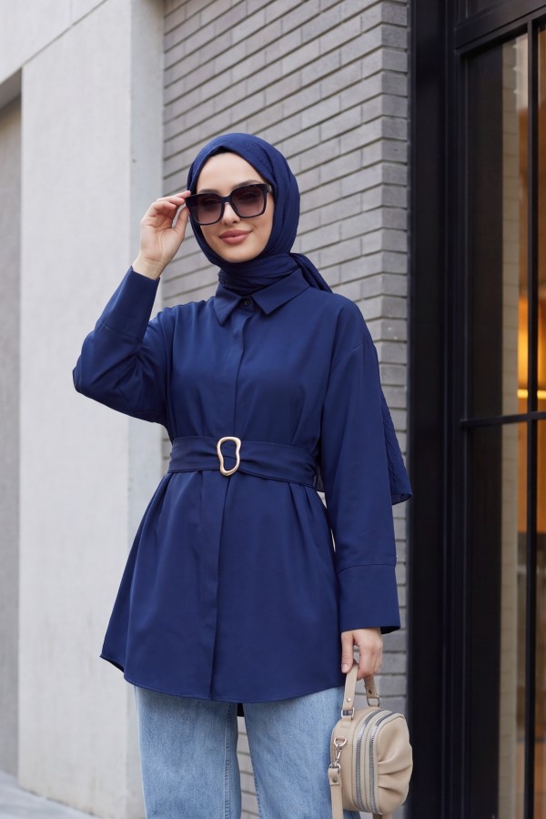 Tokalı Kemerli Duble Manşet Kol Gizli Düğmeli Poplin Tunik -Lacivert