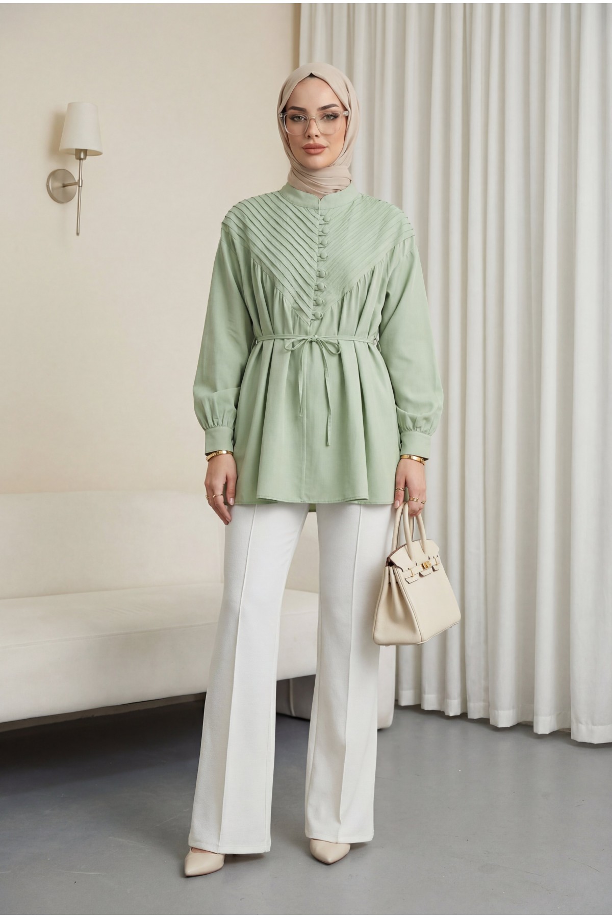 Half-Button Ribbed Lace-Up Shirt -LIGHT GREEN