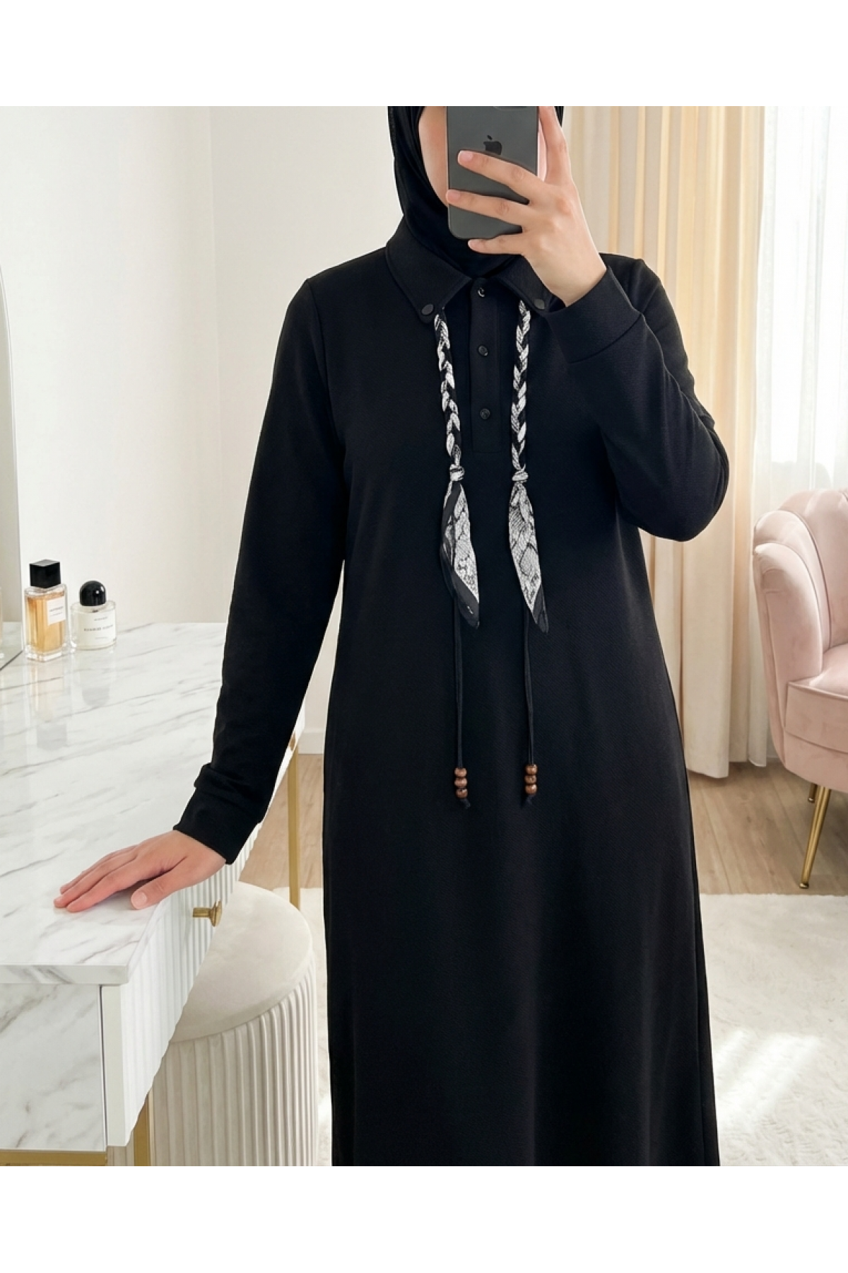 Women's Polo Collar Relaxed Fit Dress with Scarf Detail – 12669ELB