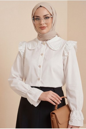 Omuzu Fırfırlı Fistolu Kolu Lastikli Düğmeli Gömlek -Beyaz