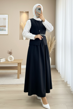 Cross-Buttoned Belted Vest and Skirt Set -Black