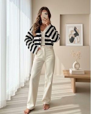 Wide Collar Striped Openwork Cardigan -Black