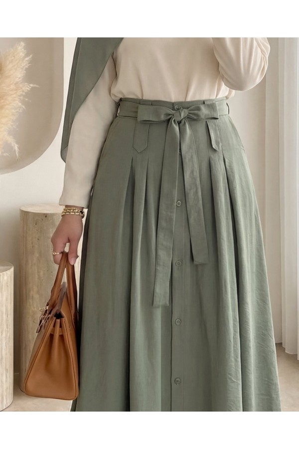 Button-front, lace-up parachute skirt -Khaki