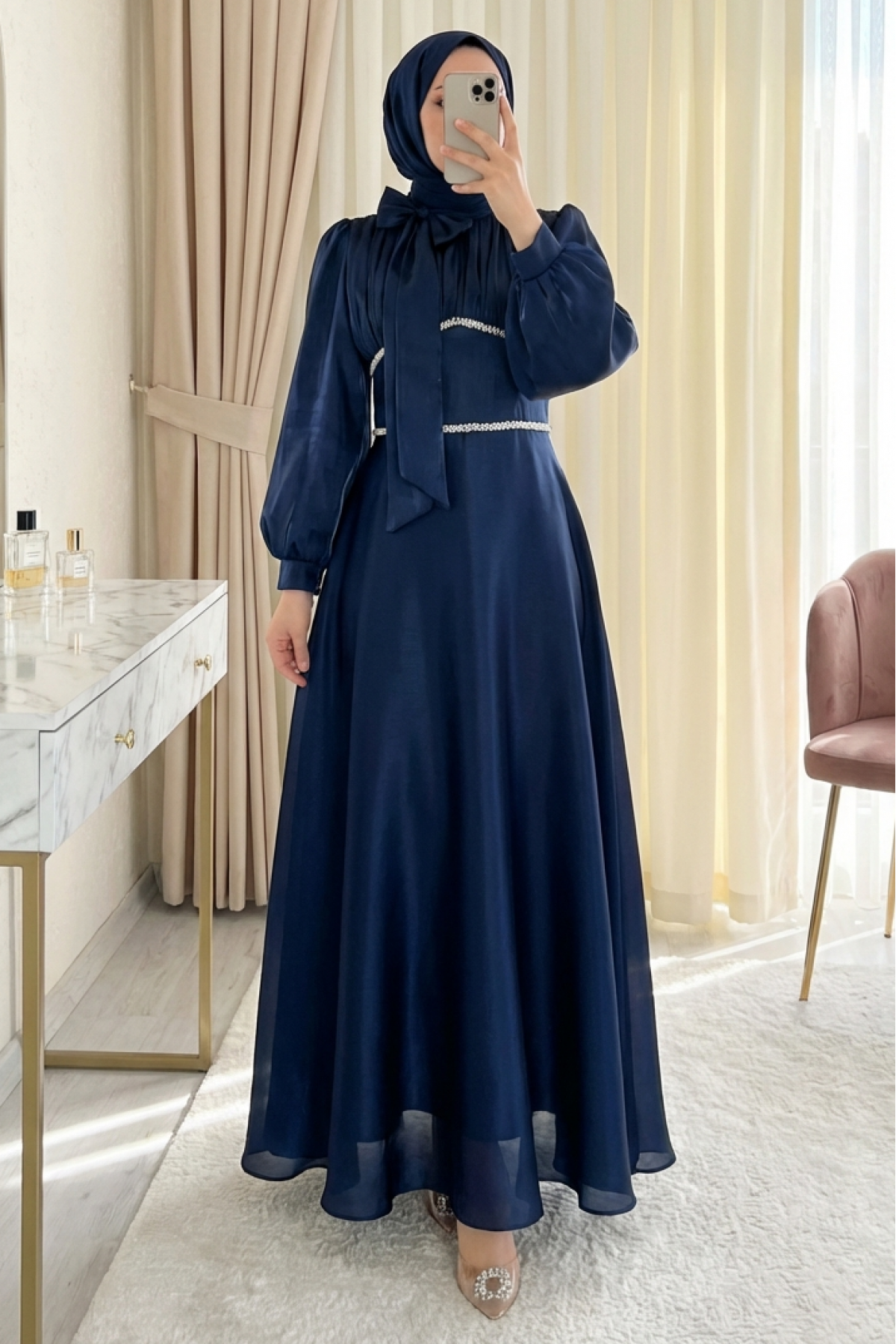 Balloon Sleeve Evening Dress with Bow Collar and Stone Detail at Waist -Navy blue