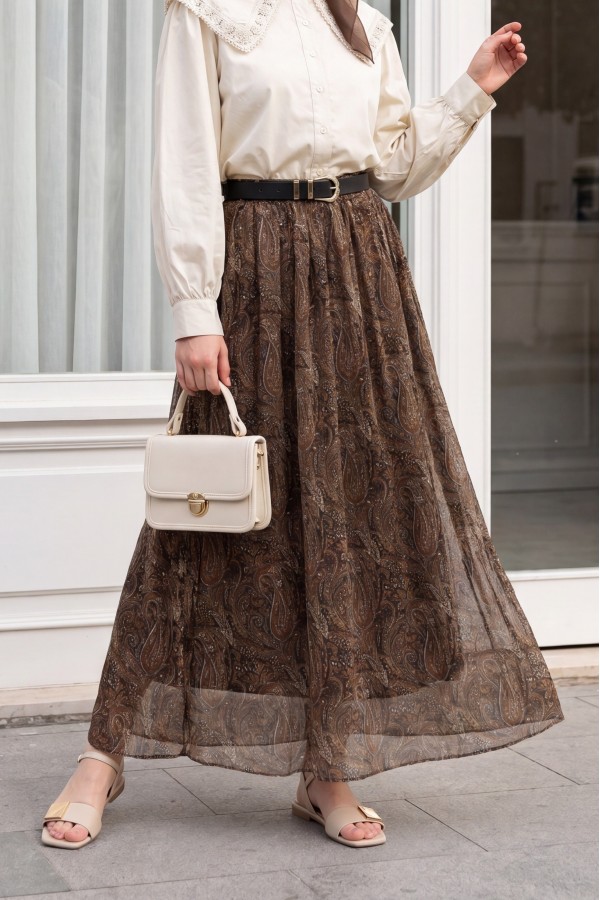 Elasticated Waist Belted Lined Patterned Tulle Skirt   -Khaki