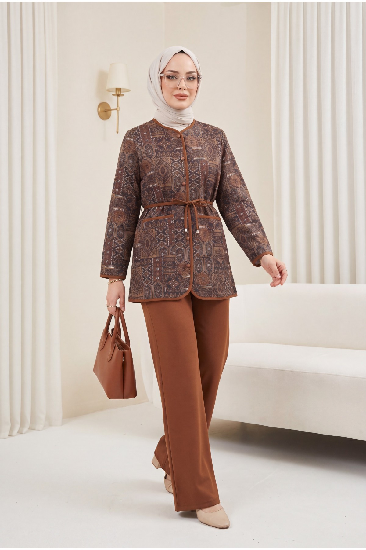 Button-down, Pocketed, Belted, Patterned Trousers Double Set -Snuff