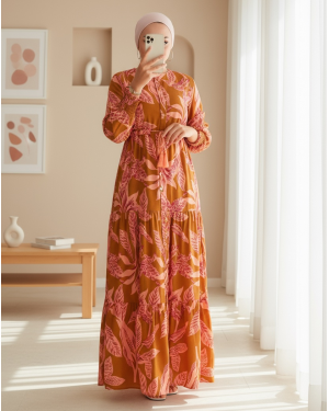 2145 Desenli Tesettür Elbise - Taba