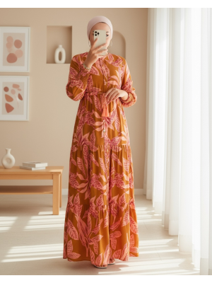 2145 Desenli Tesettür Elbise - Taba