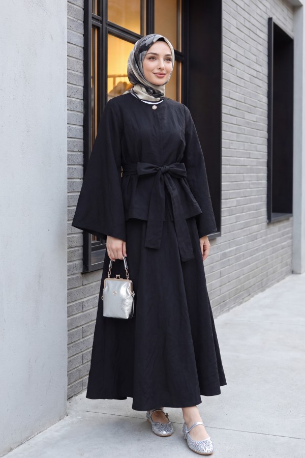 One-Button Belted Skirt Two-Piece Set -Black