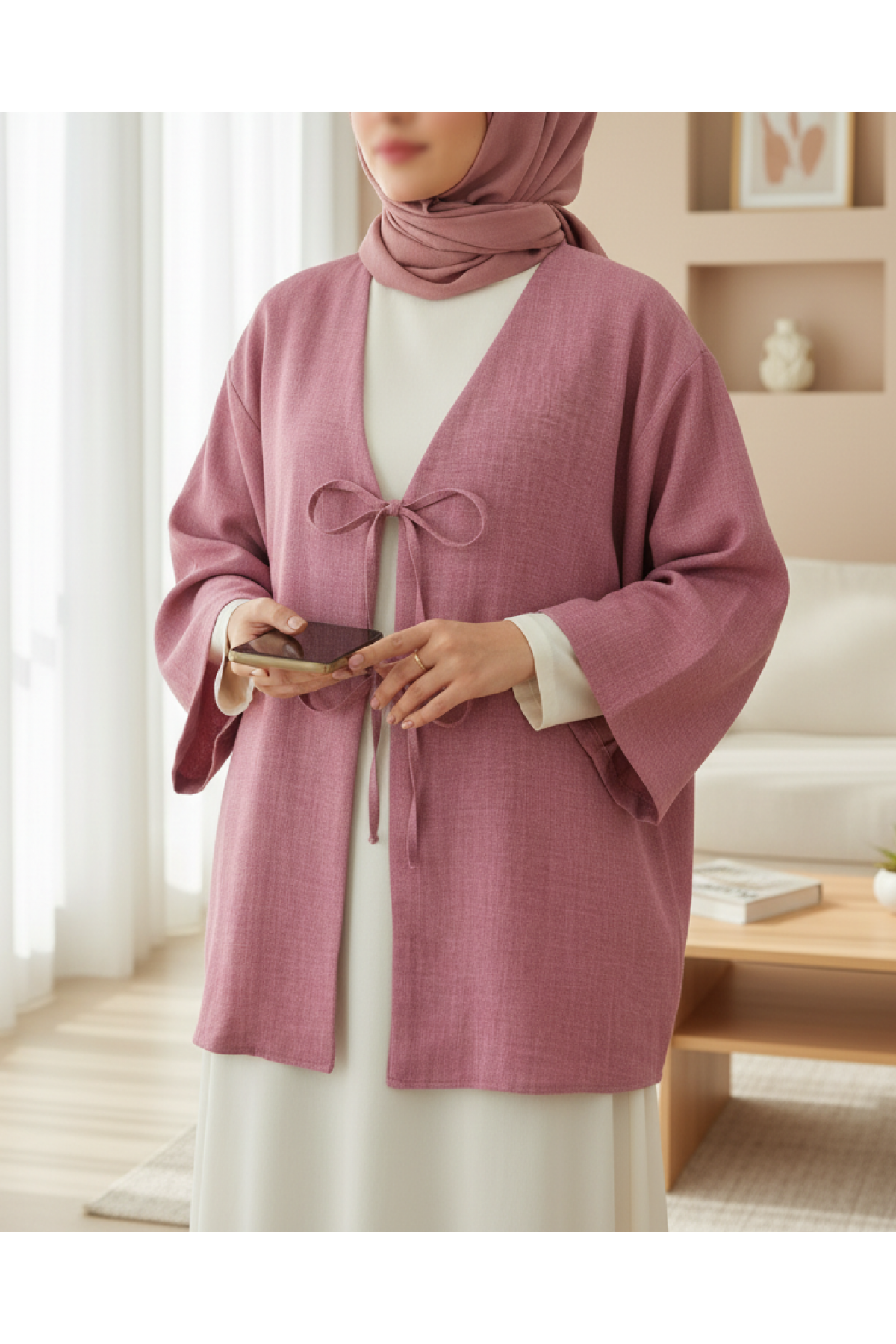Linen Kimono with Lace Front    -Cherry Color
