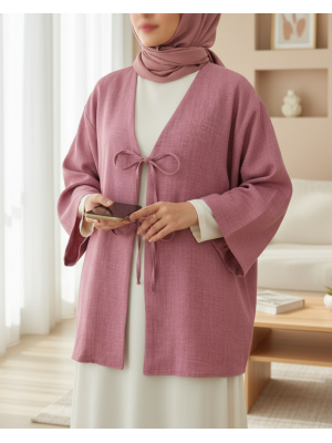 Önü Bağcıklı Keten Kimono    -Vişne