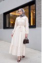 Baby Collar Half Buttoned Scalloped Dress - Beige