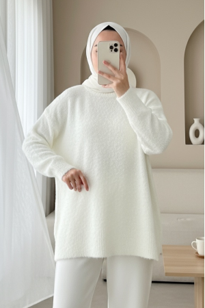 Stone-Buttoned Branch Patterned Knitwear Cardigan -White