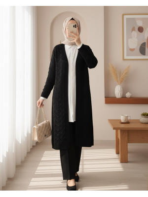 Ajurlu Ara Boy Salaş Triko Hırka -Siyah