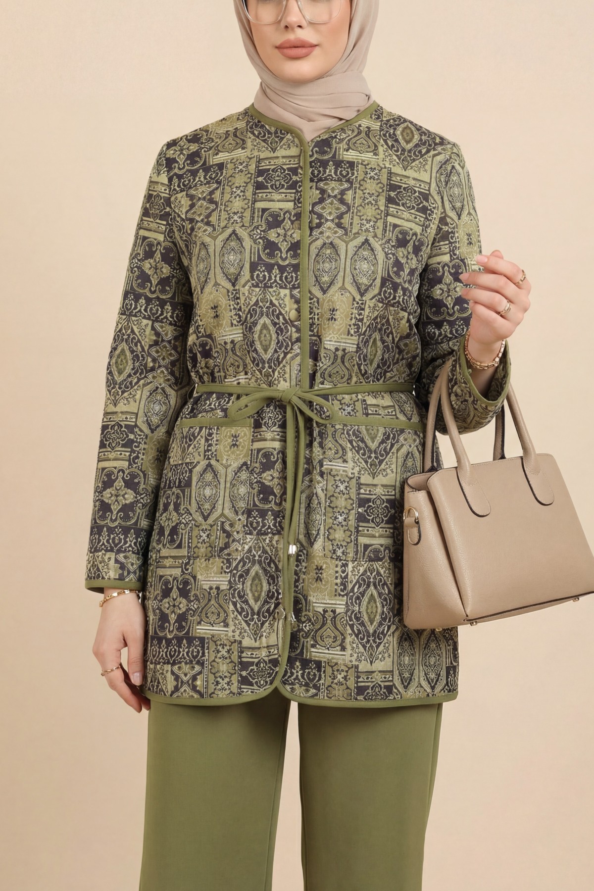 Tied Waist Double Pocket Patterned Scuba Suit -Khaki