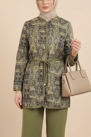 Tied Waist Double Pocket Patterned Scuba Suit -Khaki