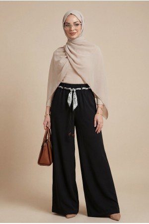 Bol Paça Beli Lastikli Kemerli Cepli Keten Pantolon  -Siyah