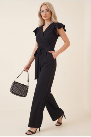 Fermuar Detaylı Fırfırlı Tulum -Siyah