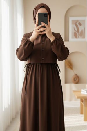 Üstü Gömlek Detaylı Elbise Takım   -Kahve