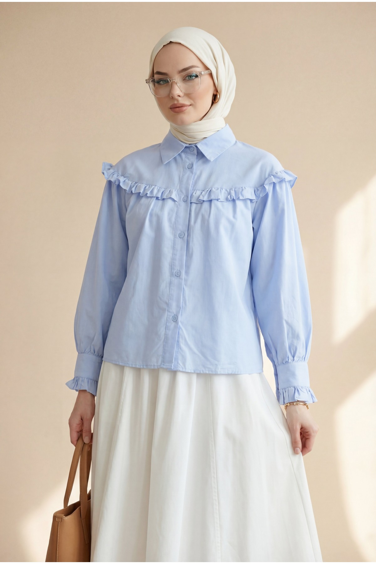Short Shirt with Ruffle Detail and Button Closure -Baby Blue