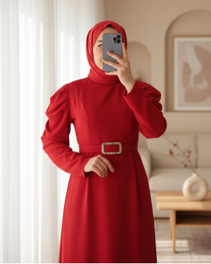 Karpuz Kol Tokalı Kemerli Elbise -Kırmızı