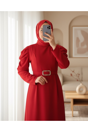 Karpuz Kol Tokalı Kemerli Elbise -Kırmızı