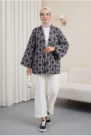 Tied Waist Square Pattern Fringed Kimono -dark lacquer