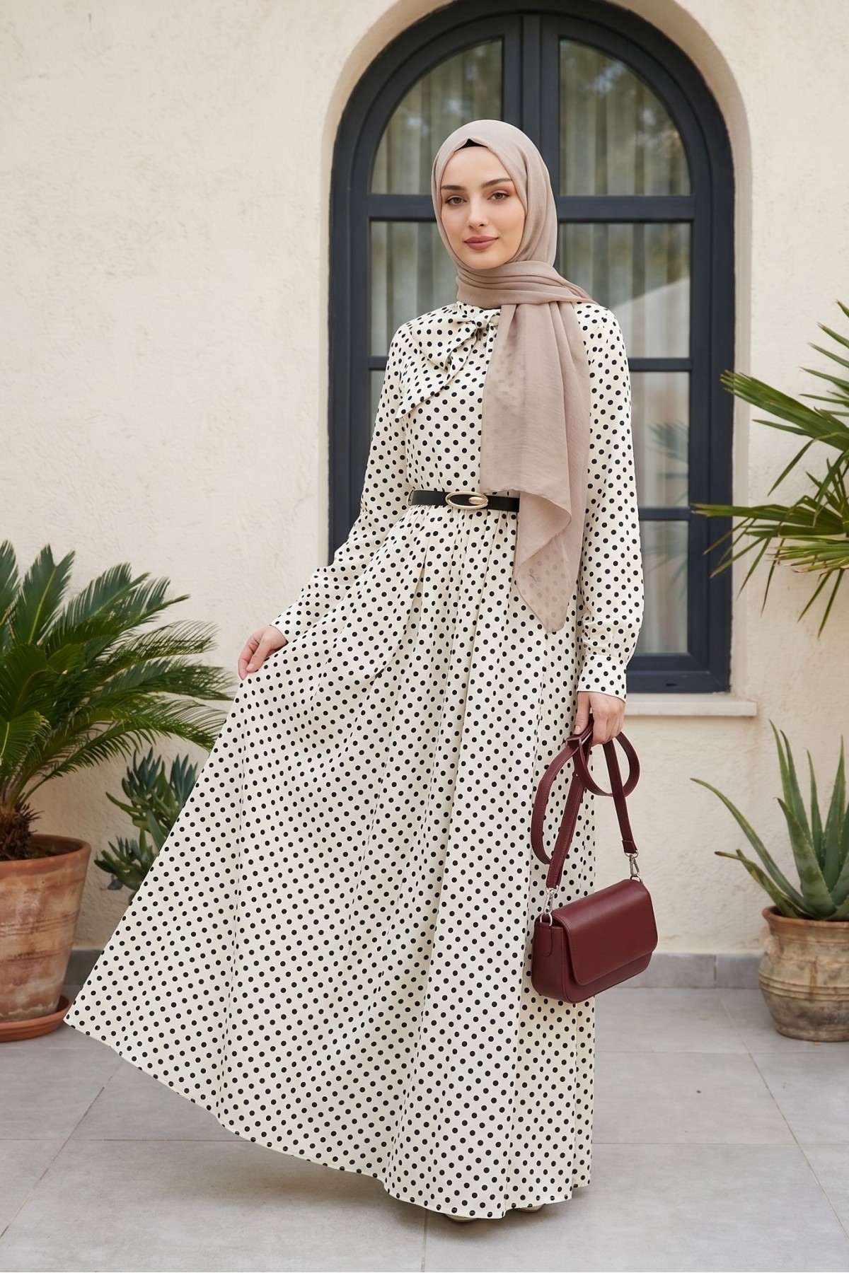 Polka Dot Viscose Dress with Tie Neckline and Belted Waist -White