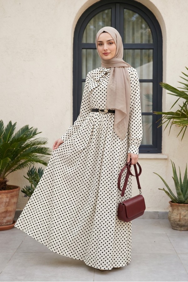 Polka Dot Viscose Dress with Tie Neckline and Belted Waist -White