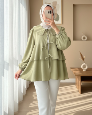 Peter Pan Collar Kimono with Tied Front and Layered Skirt -Khaki