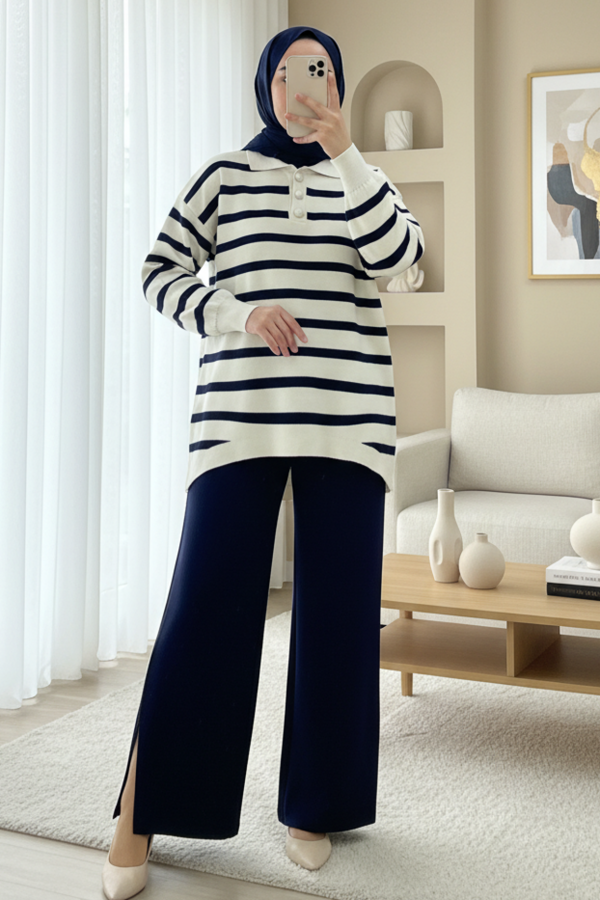 Polo Collar Buttoned Striped Knitwear Suit -Navy blue