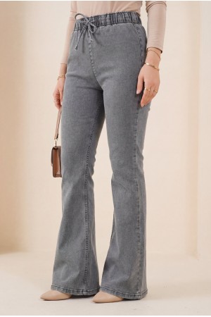 İspanyol Paça Bağcık Detaylı Kot Pantolon  -Açık Gri