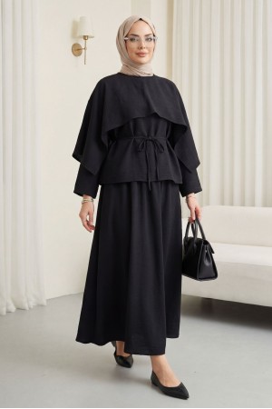 Cape Detail, Belted Skirt Cupra Suit -Black