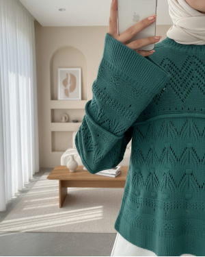 Openwork Pompom Long Sleeve Knitwear Sweater -Emerald