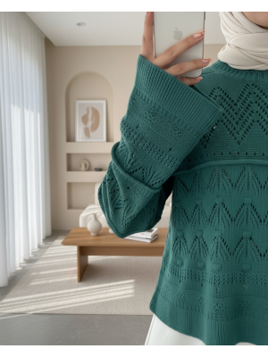 Ajurlu Ponponlu Uzun Kol Triko Kazak -Zümrüt