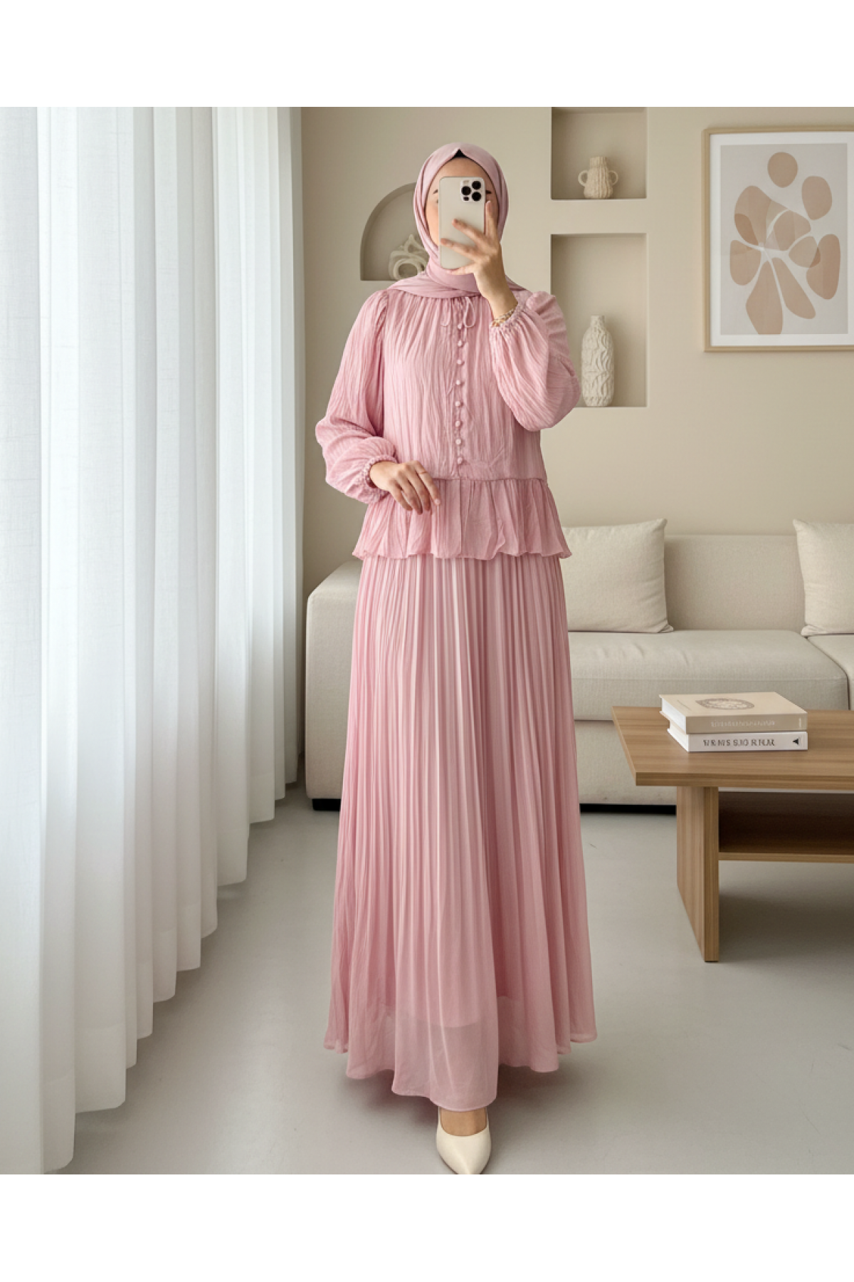 Chiffon Kash Skirt Suit with Ruffled Collar and Buttons -Powder