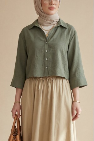 V Yaka Düğmeli Yarım Kol Modal Gömlek -Haki